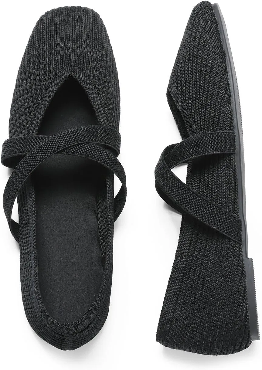 CELNEPHO Flats for Women Square Toe Ballet Flats Cross Strap Comfortable Arch Support Dressy Knit Flats for Women Mary Jane Flats Slip On Washable Casual Office Shoes