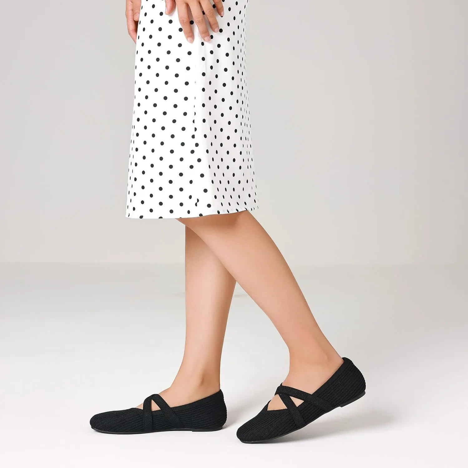 CELNEPHO Flats for Women Square Toe Ballet Flats Cross Strap Comfortable Arch Support Dressy Knit Flats for Women Mary Jane Flats Slip On Washable Casual Office Shoes