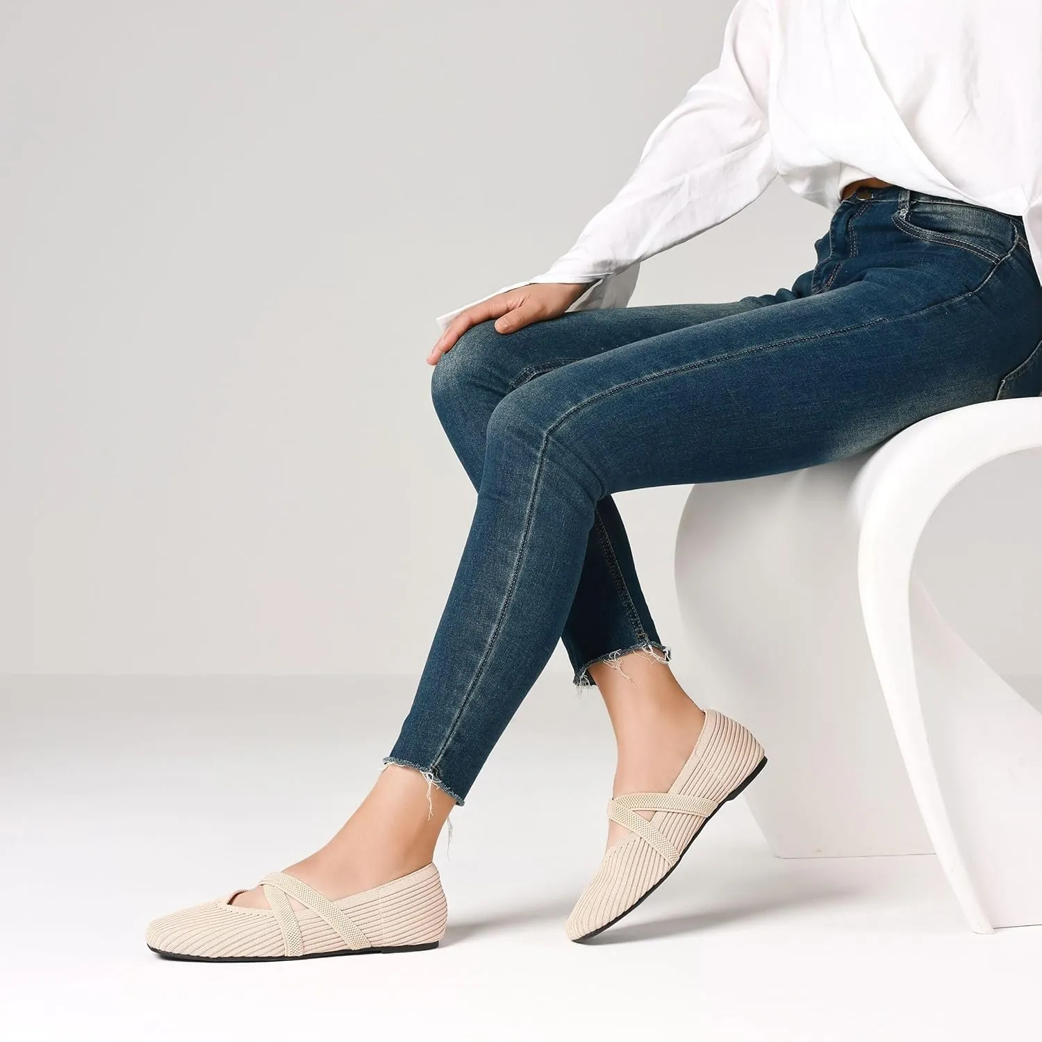 CELNEPHO Flats for Women Square Toe Ballet Flats Cross Strap Comfortable Arch Support Dressy Knit Flats for Women Mary Jane Flats Slip On Washable Casual Office Shoes