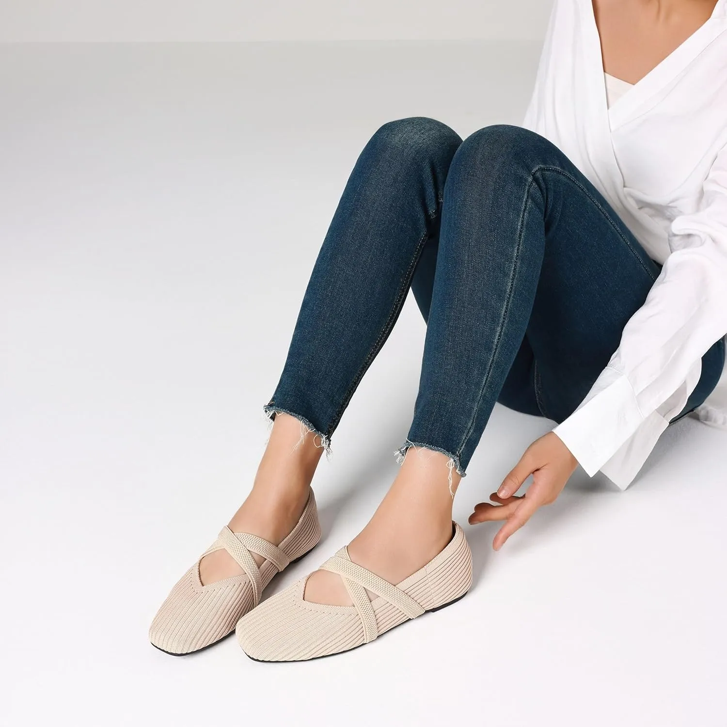 CELNEPHO Flats for Women Square Toe Ballet Flats Cross Strap Comfortable Arch Support Dressy Knit Flats for Women Mary Jane Flats Slip On Washable Casual Office Shoes