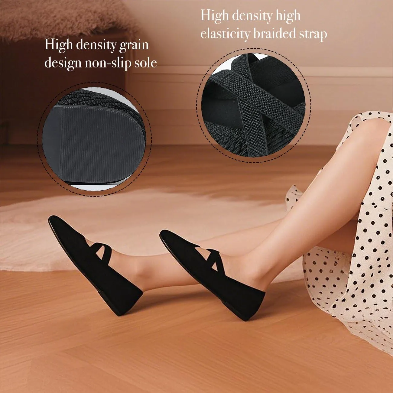 CELNEPHO Flats for Women Square Toe Ballet Flats Cross Strap Comfortable Arch Support Dressy Knit Flats for Women Mary Jane Flats Slip On Washable Casual Office Shoes