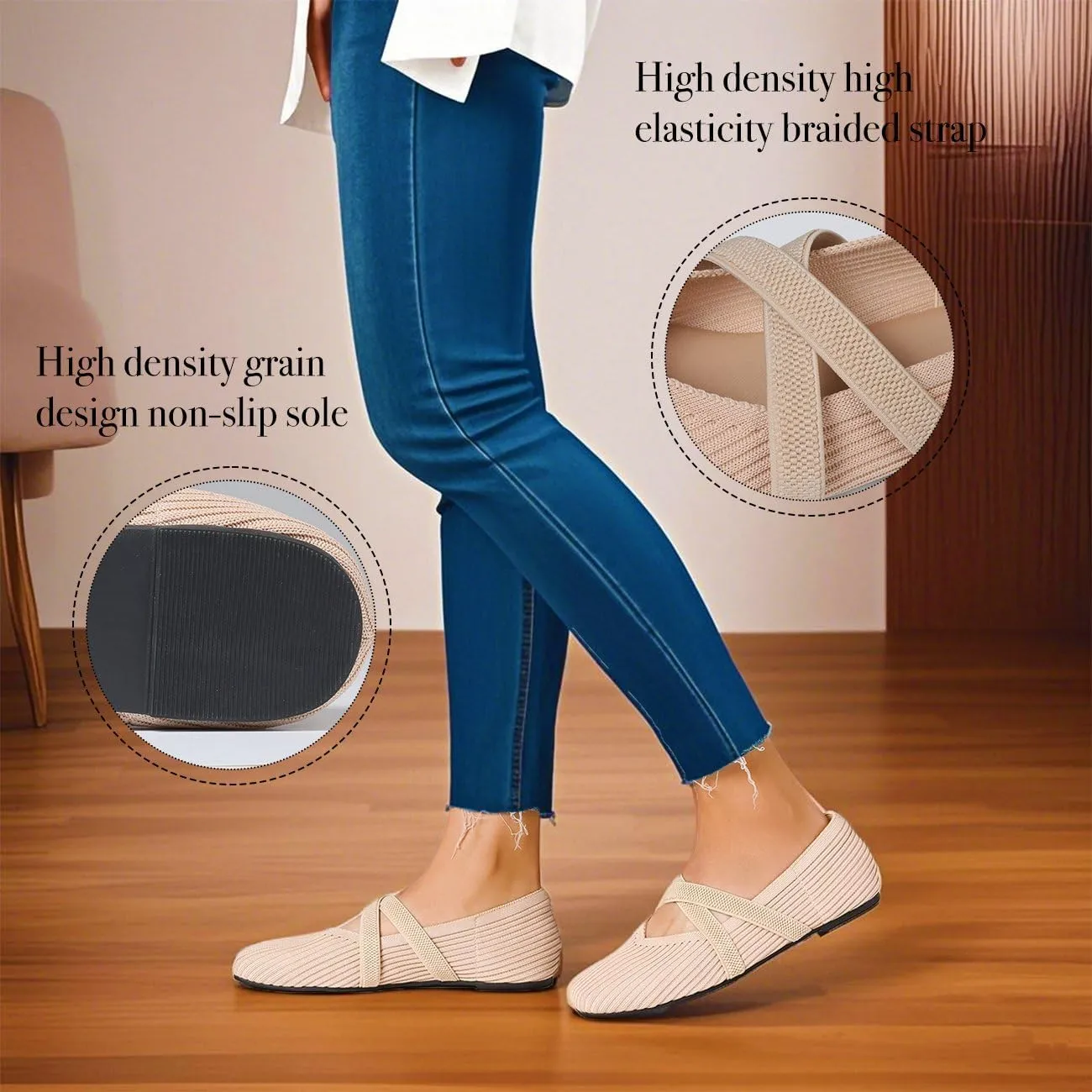CELNEPHO Flats for Women Square Toe Ballet Flats Cross Strap Comfortable Arch Support Dressy Knit Flats for Women Mary Jane Flats Slip On Washable Casual Office Shoes