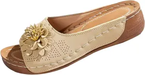 Chic Flower Sandals for Women Orthopedic Arch Support Leather Slippers Comfortable Non-Slip Solid Color Open-Toe Wedge Sandals Breathable Summer Orthotic Platform Wedge