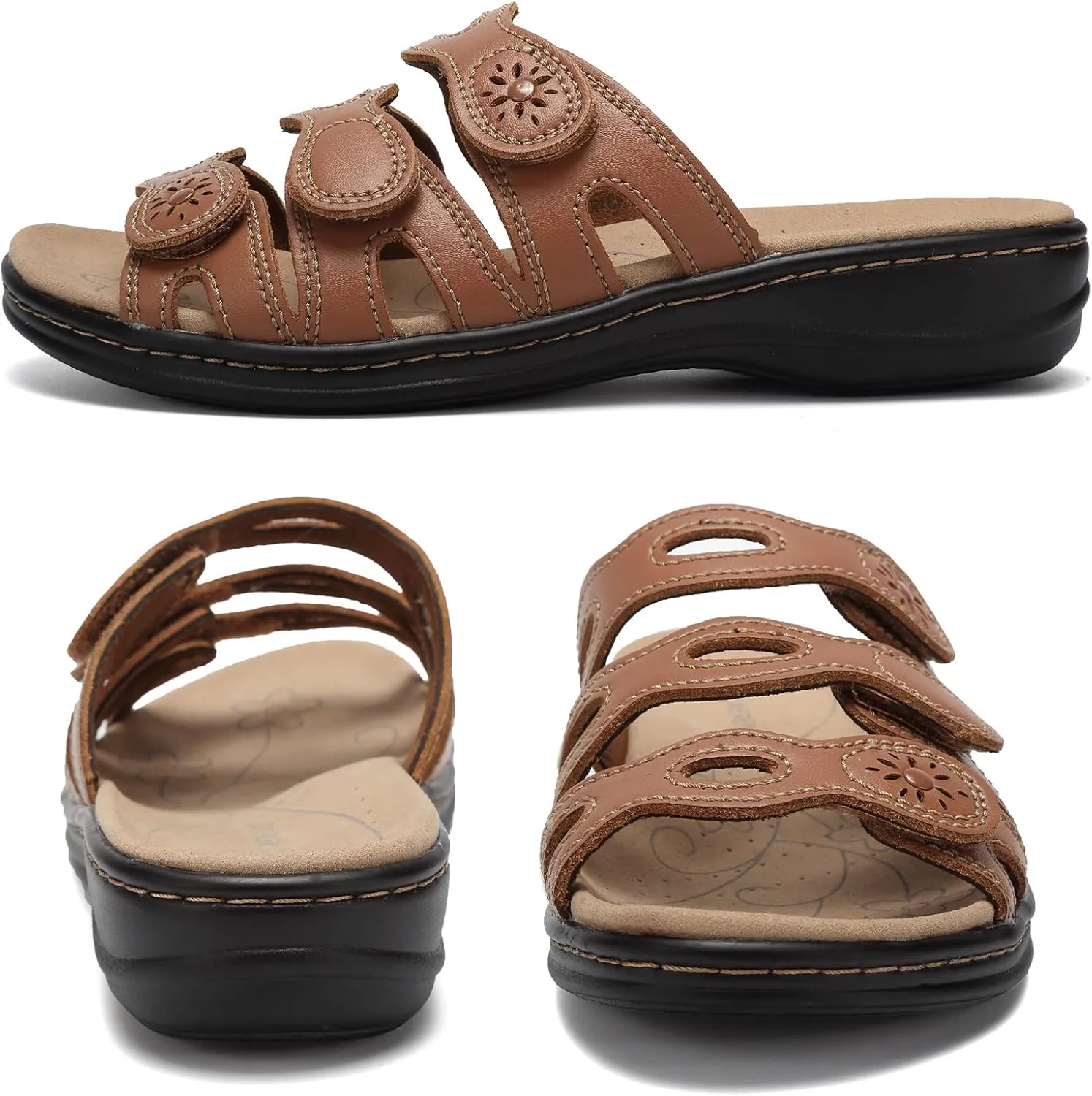 CIOR Women's Classic Leather Sandals, Black, Flat, Open Toe, Arch Support, Adjustable Strap, Casual, Water Resistant, Perfect for Beach, Street, Shopping, Dating, Vacation, Pool, Party