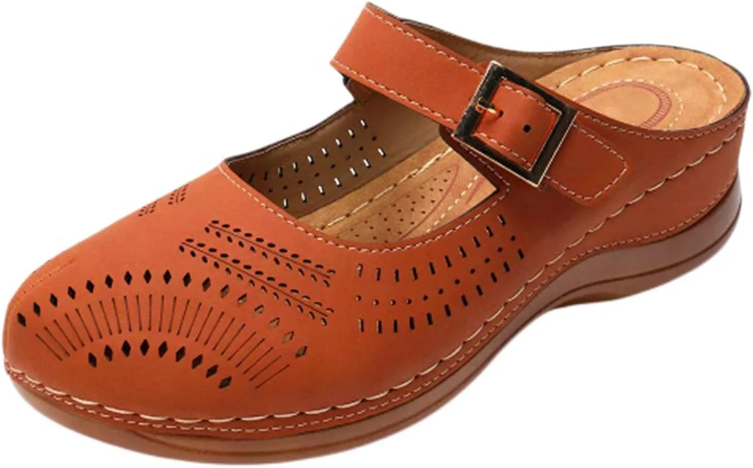 Clogs for Women Mule Sandals Comfortable Summer Platform Orthopedic Sandals, Round Toe Closed Toe Walking Slippers Hollow Out Breathable Buckle Walking Shoes