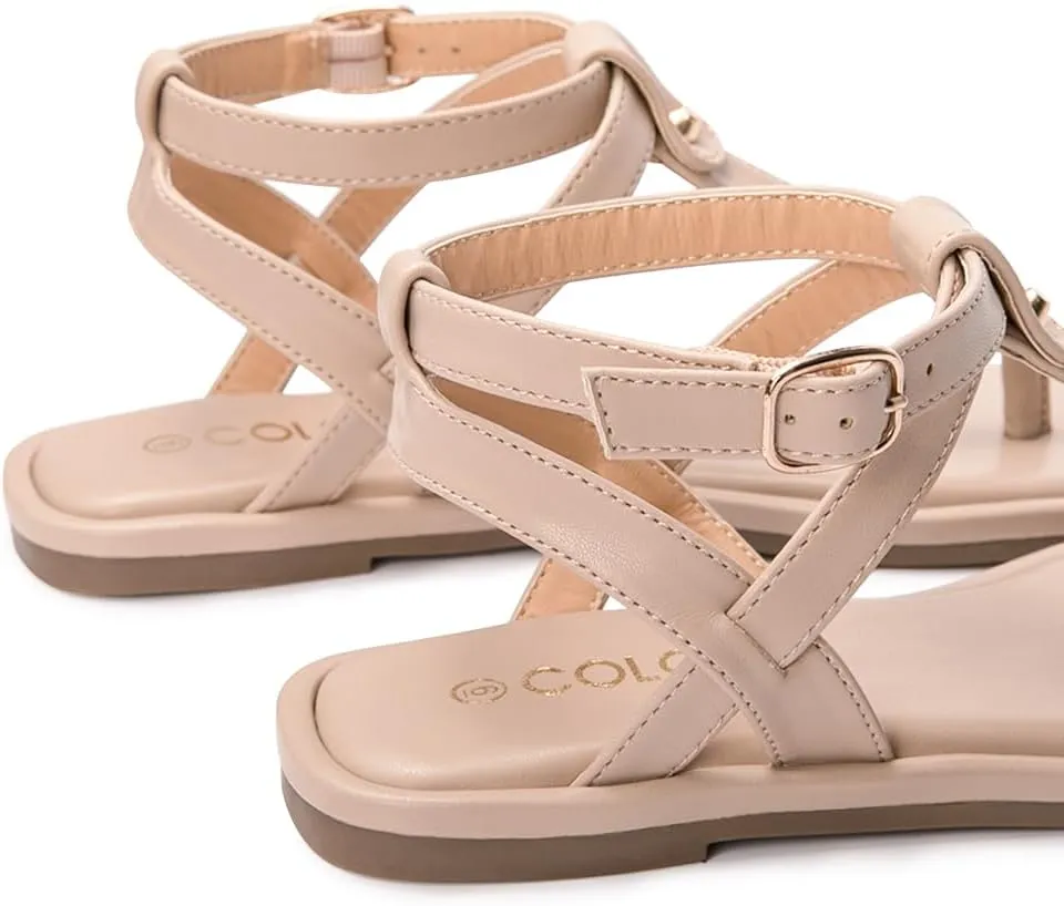 Colgo Thong Flat Sandals, Casual Women T-Strap Dress Sandals with Adjustable Ankle Buckle for Summer Wedding