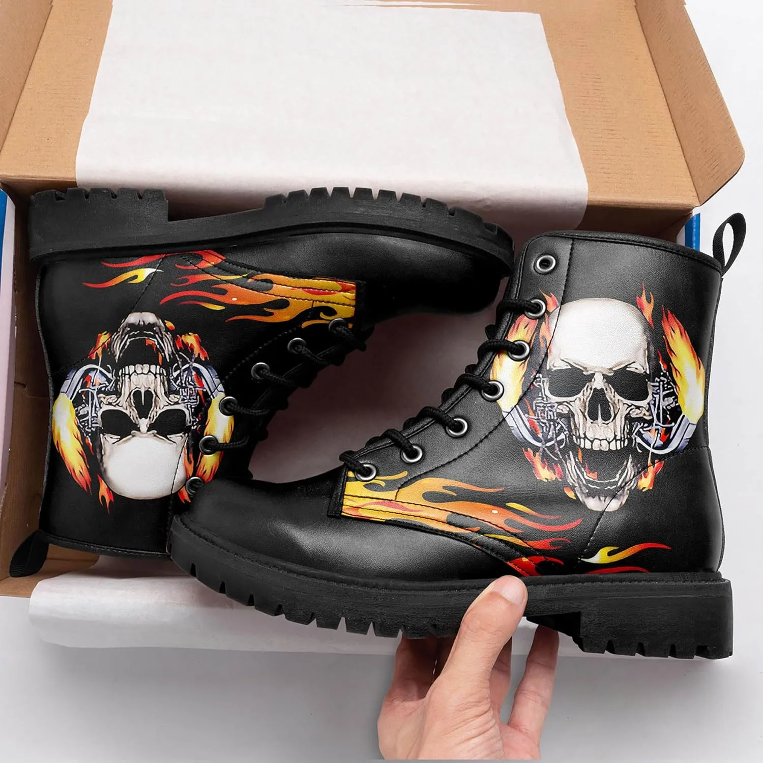 Combat Boots for Men Womens Fashion Lace-Up Skull Rose Ankle Booties Chunky Heel Platform Leather Work Boots