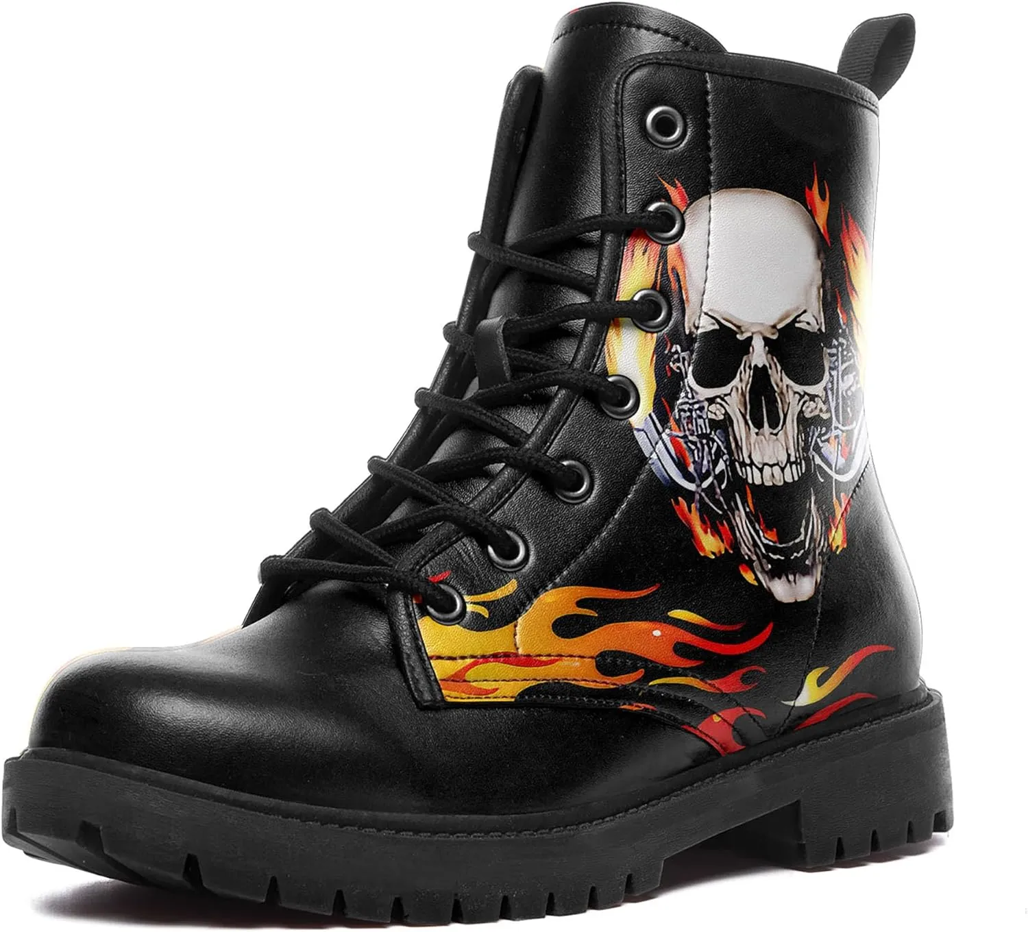 Combat Boots for Men Womens Fashion Lace-Up Skull Rose Ankle Booties Chunky Heel Platform Leather Work Boots