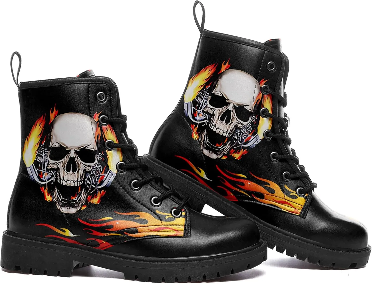 Combat Boots for Men Womens Fashion Lace-Up Skull Rose Ankle Booties Chunky Heel Platform Leather Work Boots
