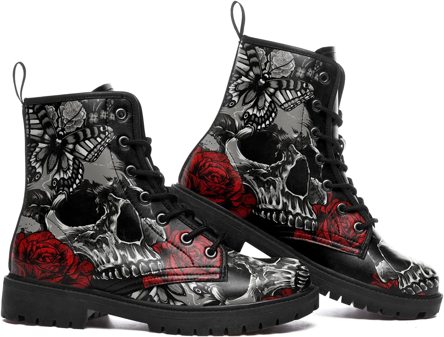 Combat Boots for Men Womens Fashion Lace-Up Skull Rose Ankle Booties Chunky Heel Platform Leather Work Boots