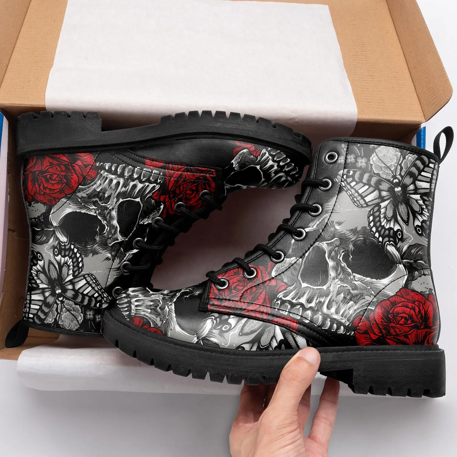 Combat Boots for Men Womens Fashion Lace-Up Skull Rose Ankle Booties Chunky Heel Platform Leather Work Boots