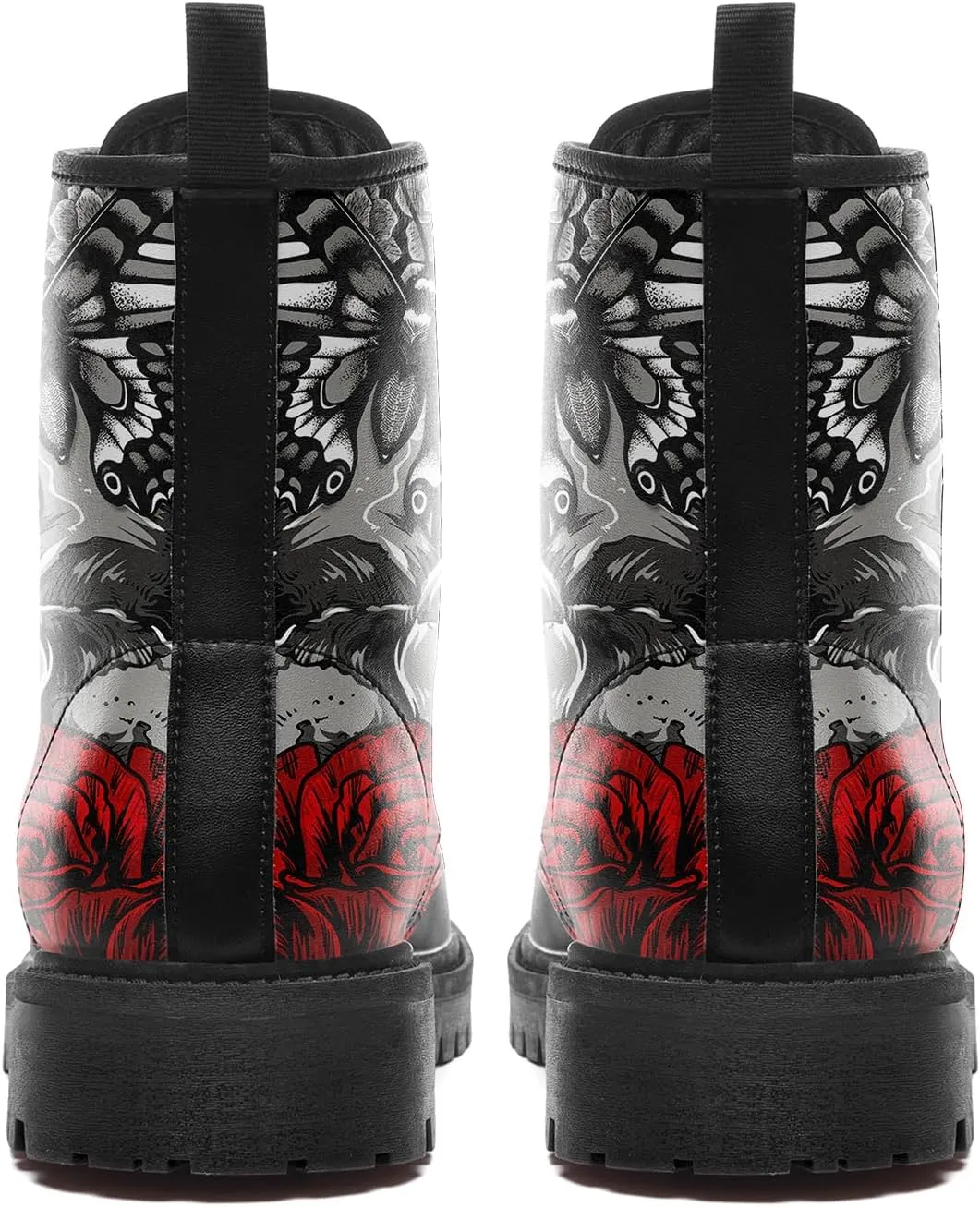 Combat Boots for Men Womens Fashion Lace-Up Skull Rose Ankle Booties Chunky Heel Platform Leather Work Boots