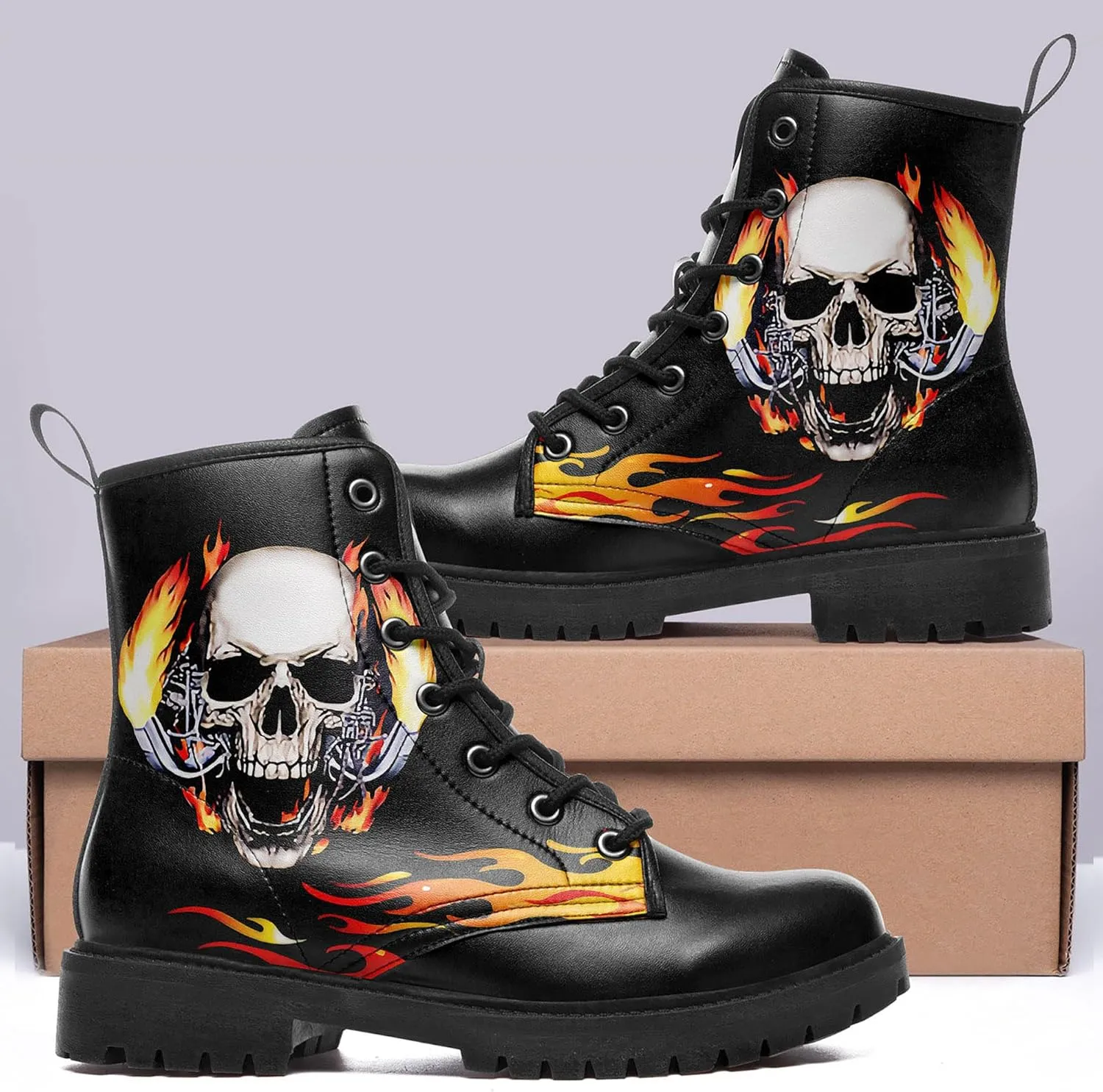 Combat Boots for Men Womens Fashion Lace-Up Skull Rose Ankle Booties Chunky Heel Platform Leather Work Boots
