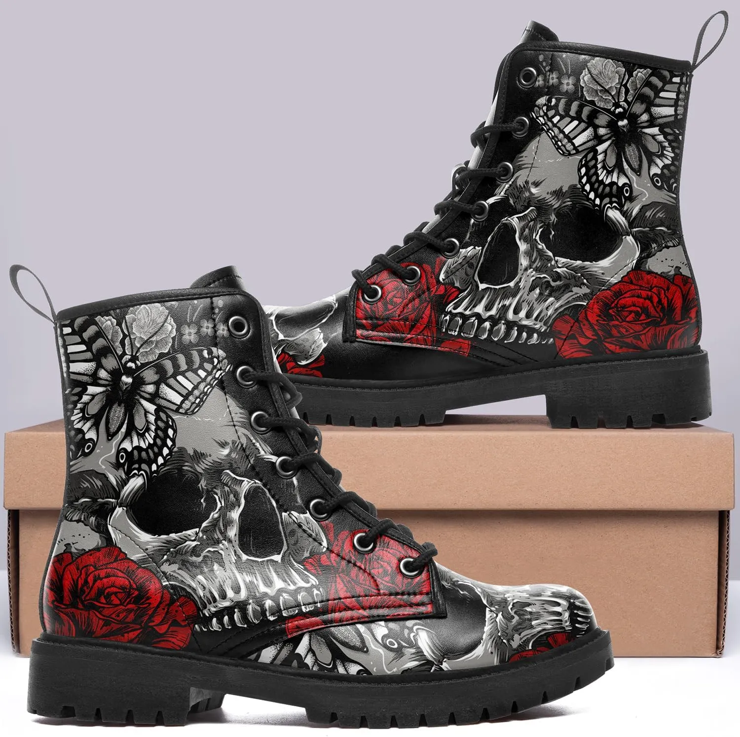 Combat Boots for Men Womens Fashion Lace-Up Skull Rose Ankle Booties Chunky Heel Platform Leather Work Boots