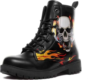 Combat Boots for Men Womens Fashion Lace-Up Skull Rose Ankle Booties Chunky Heel Platform Leather Work Boots