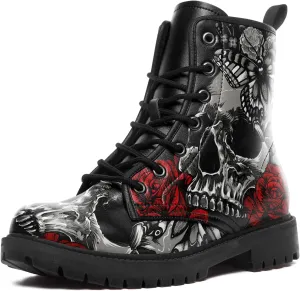 Combat Boots for Men Womens Fashion Lace-Up Skull Rose Ankle Booties Chunky Heel Platform Leather Work Boots