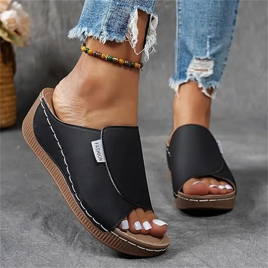 Comfortable Arch Support Slides - Women's Solid Color Sandals - Breathable, Summer Platform Wedge Sandals Walking Slides Slip on Casual Sandal