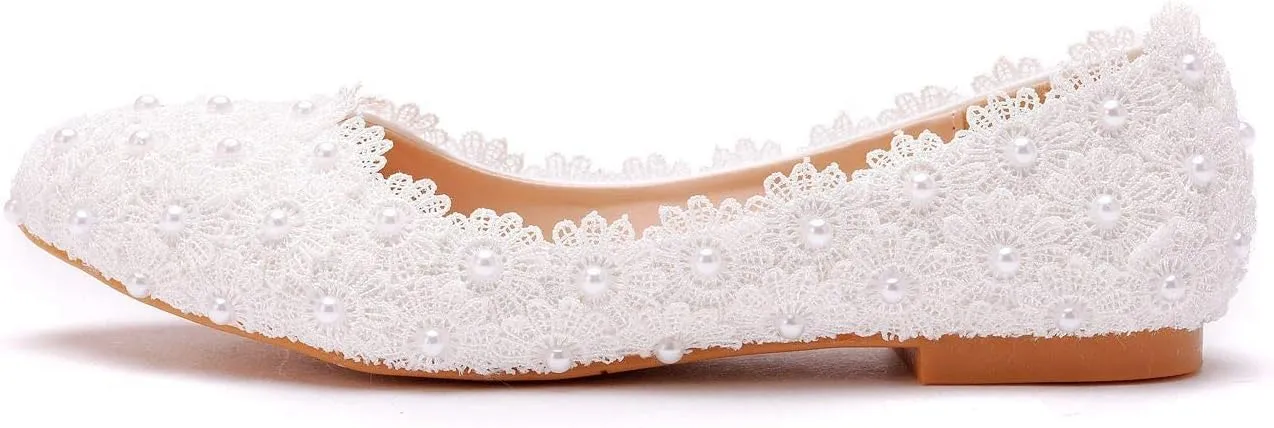 Comfortable Women Flats Handmade White Lace Bridal Ballet Flats Closed Toe Shoes Bride Wedding Shoes