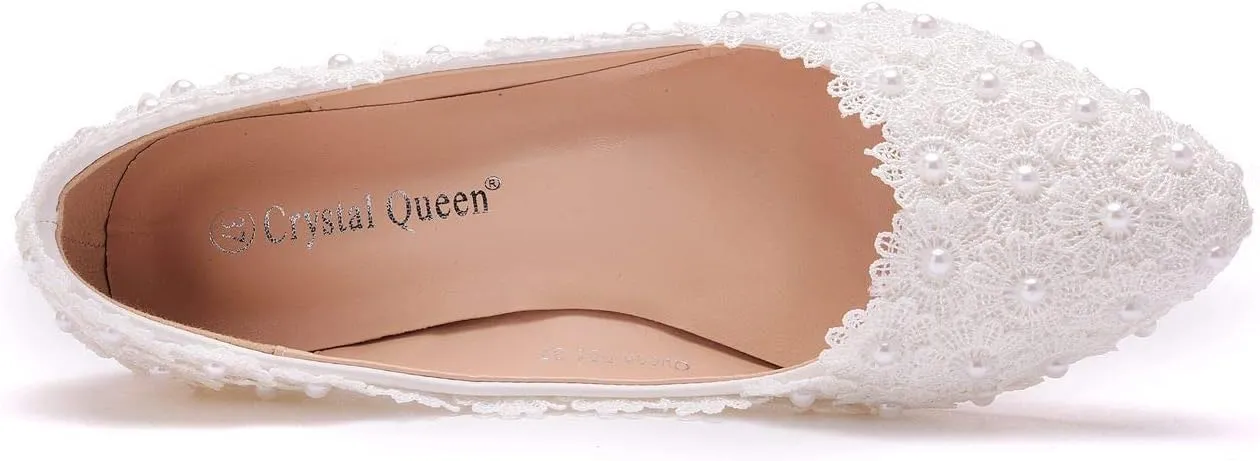 Comfortable Women Flats Handmade White Lace Bridal Ballet Flats Closed Toe Shoes Bride Wedding Shoes