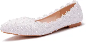 Comfortable Women Flats Handmade White Lace Bridal Ballet Flats Closed Toe Shoes Bride Wedding Shoes