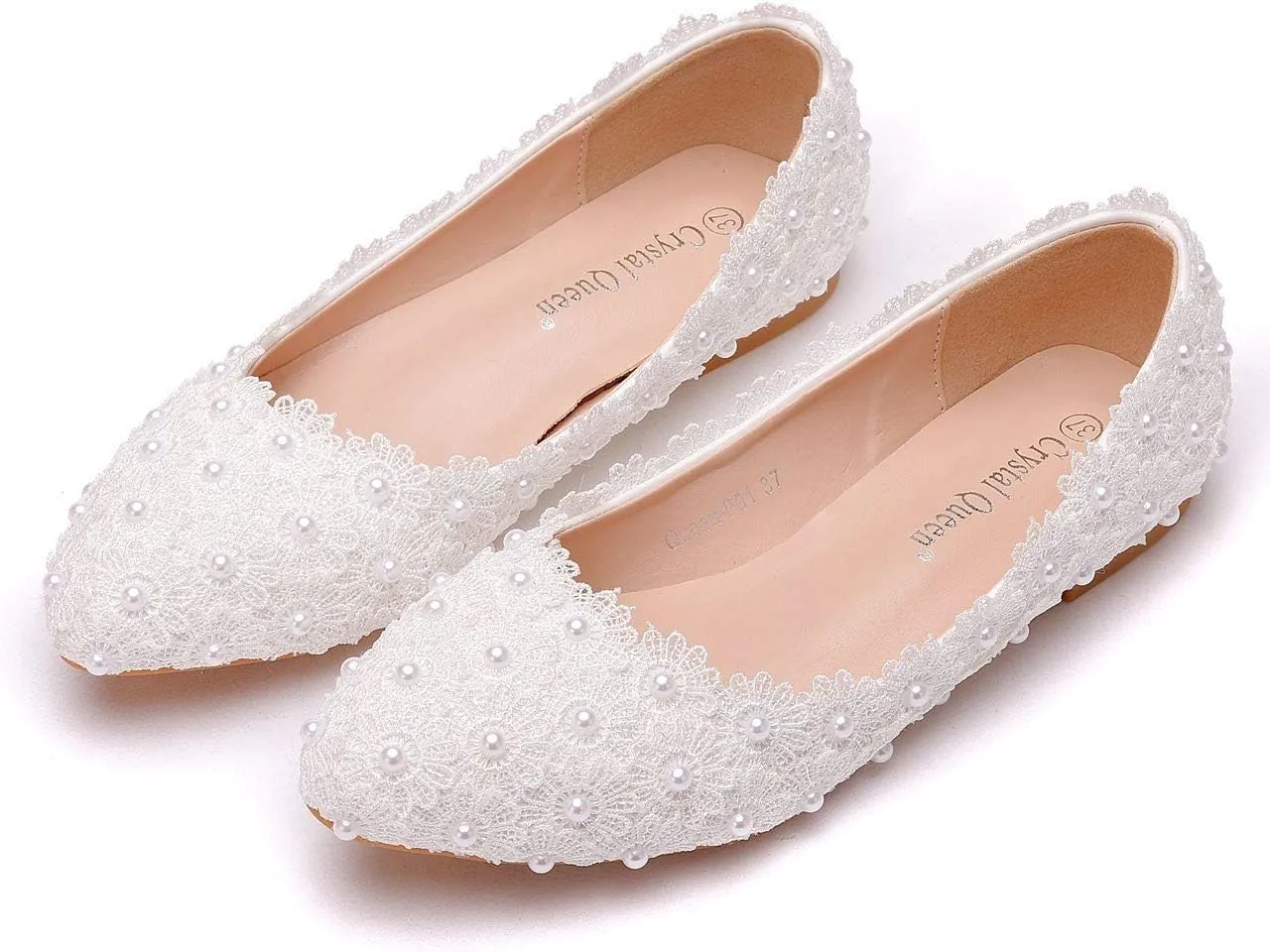Comfortable Women Flats Handmade White Lace Bridal Ballet Flats Closed Toe Shoes Bride Wedding Shoes
