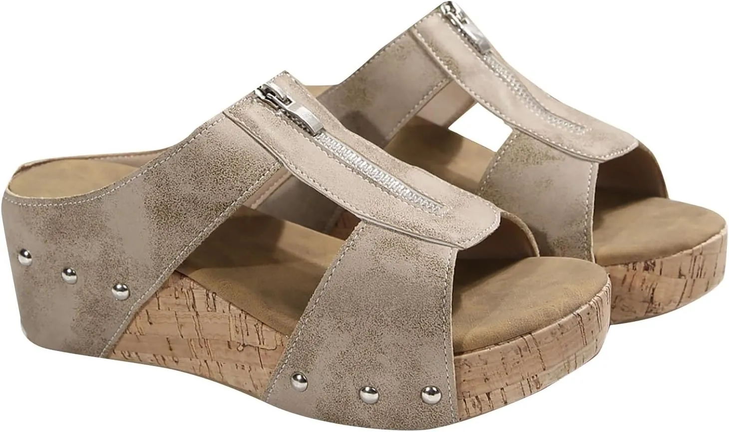 Cork Wedges for Women Front Zipper Orthopedic Sandals with Arch Support Open Toe Slip On Beach Slides Leather Dressy Summer Slipper