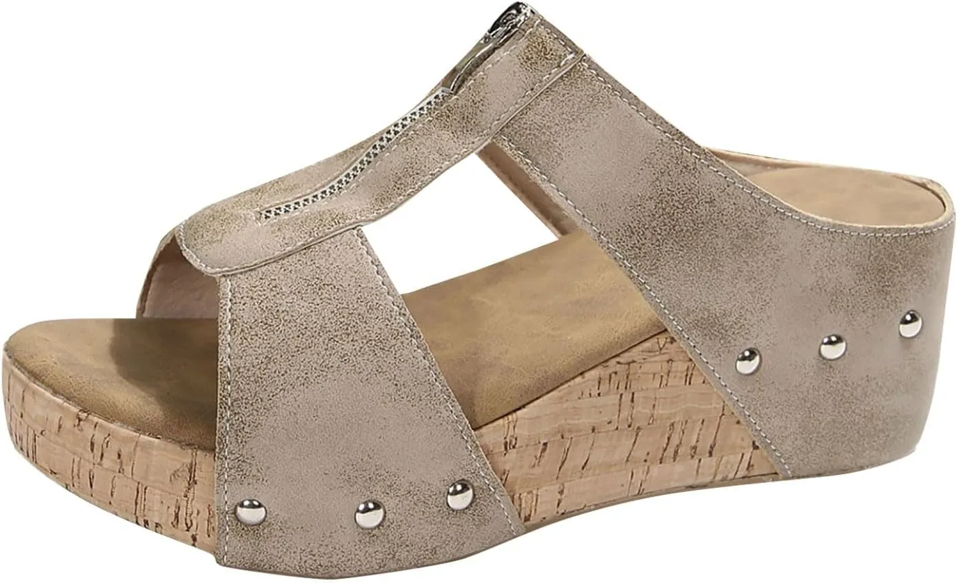 Cork Wedges for Women Front Zipper Orthopedic Sandals with Arch Support Open Toe Slip On Beach Slides Leather Dressy Summer Slipper