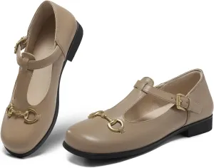 Coutgo Women's Mary Jane Shoes T Strap Chunky Low Heel Round Toe Comfortable Adjustable Strap Flat Dress Shoes