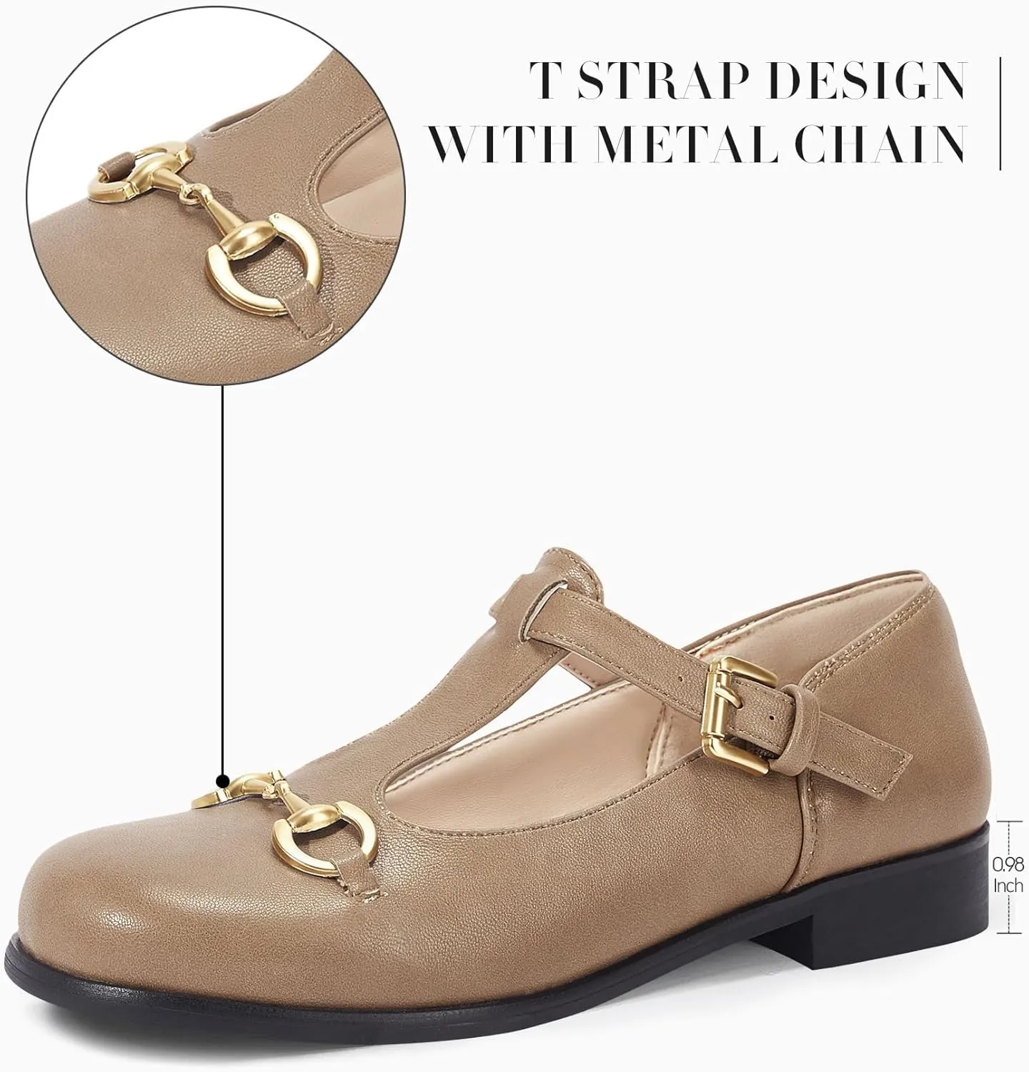 Coutgo Women's Mary Jane Shoes T Strap Chunky Low Heel Round Toe Comfortable Adjustable Strap Flat Dress Shoes