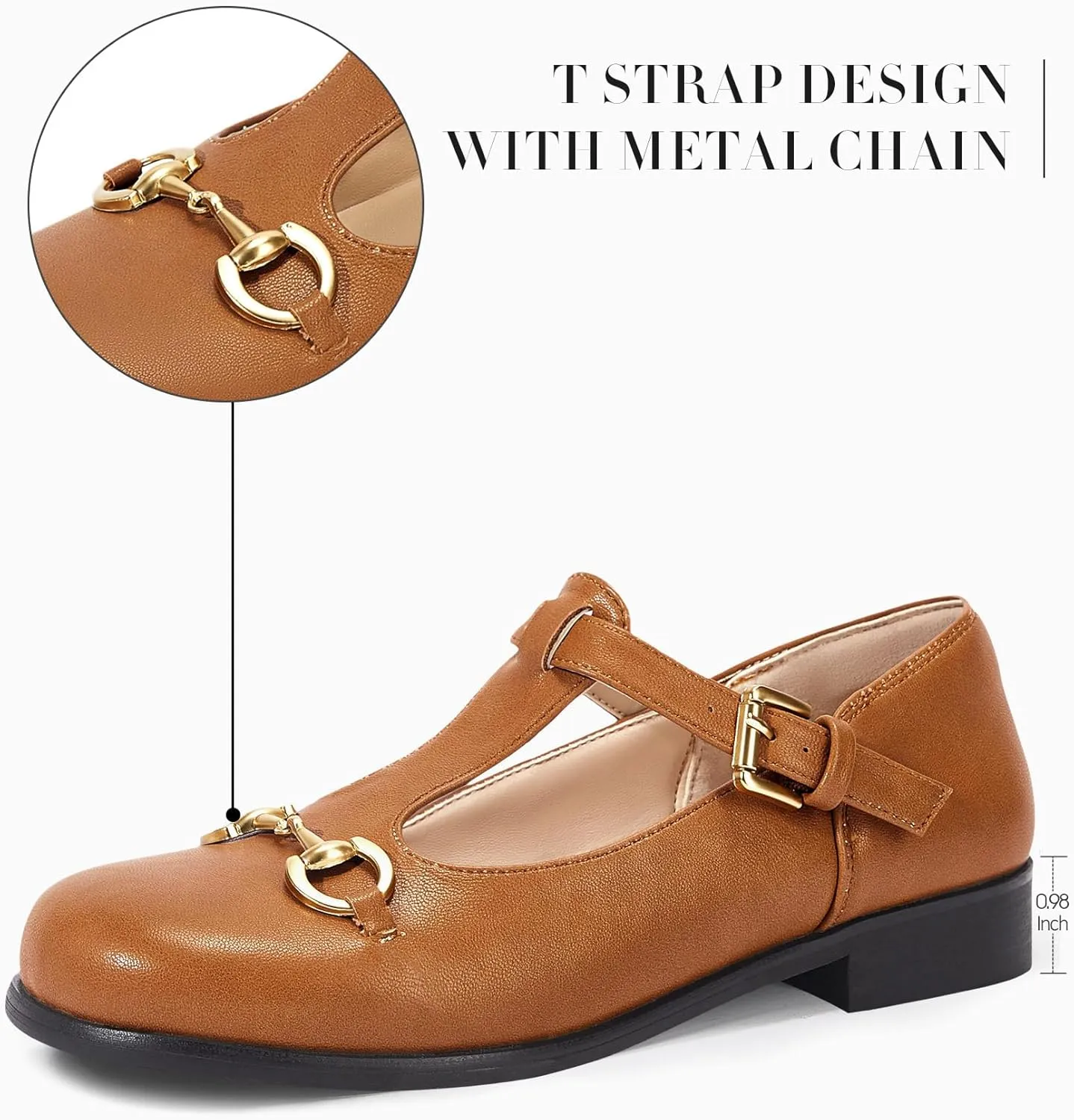 Coutgo Women's Mary Jane Shoes T Strap Chunky Low Heel Round Toe Comfortable Adjustable Strap Flat Dress Shoes