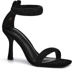 Coutgo Women's One Strap Heeled Sandals Square Open Toe Stiletto Heels Ankle Buckle Strap Summer Pump Shoes