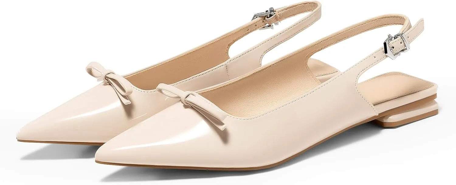 Coutgo Womens Slingback Flats Bow Slip on Dress Shoes Buckle Comfortable Ballet Flats Pointed Toe Flat Party Work Shoes