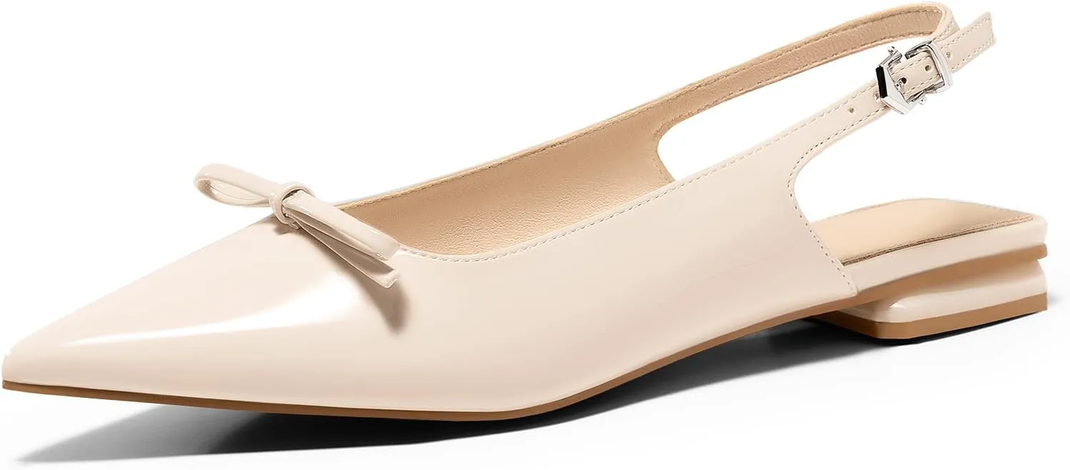 Coutgo Womens Slingback Flats Bow Slip on Dress Shoes Buckle Comfortable Ballet Flats Pointed Toe Flat Party Work Shoes