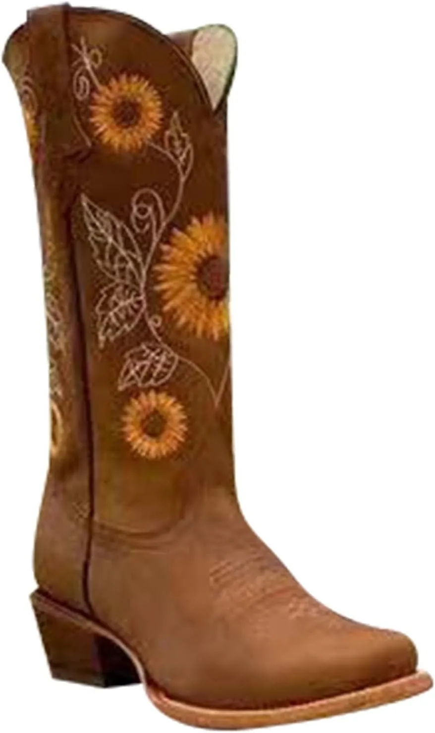 Cowboy Boots for Women Sunflower Embroidery Stitched Square Toe Low Heel Boot Mid-Calf Cowgirl Western Boots Ladies Pointy Toe Fashion Boots Khaki Brown Coffee US 5-10.5