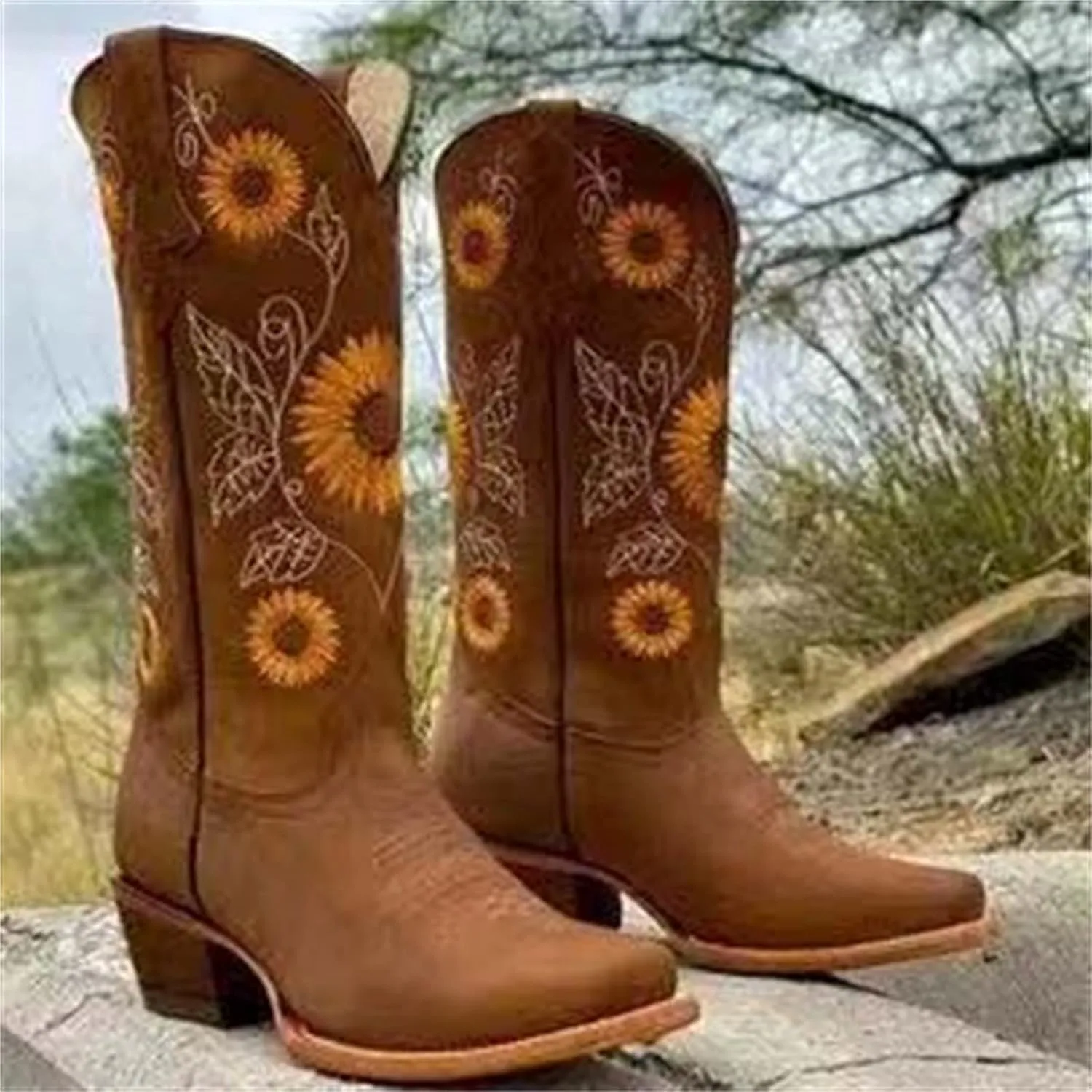 Cowboy Boots for Women Sunflower Embroidery Stitched Square Toe Low Heel Boot Mid-Calf Cowgirl Western Boots Ladies Pointy Toe Fashion Boots Khaki Brown Coffee US 5-10.5