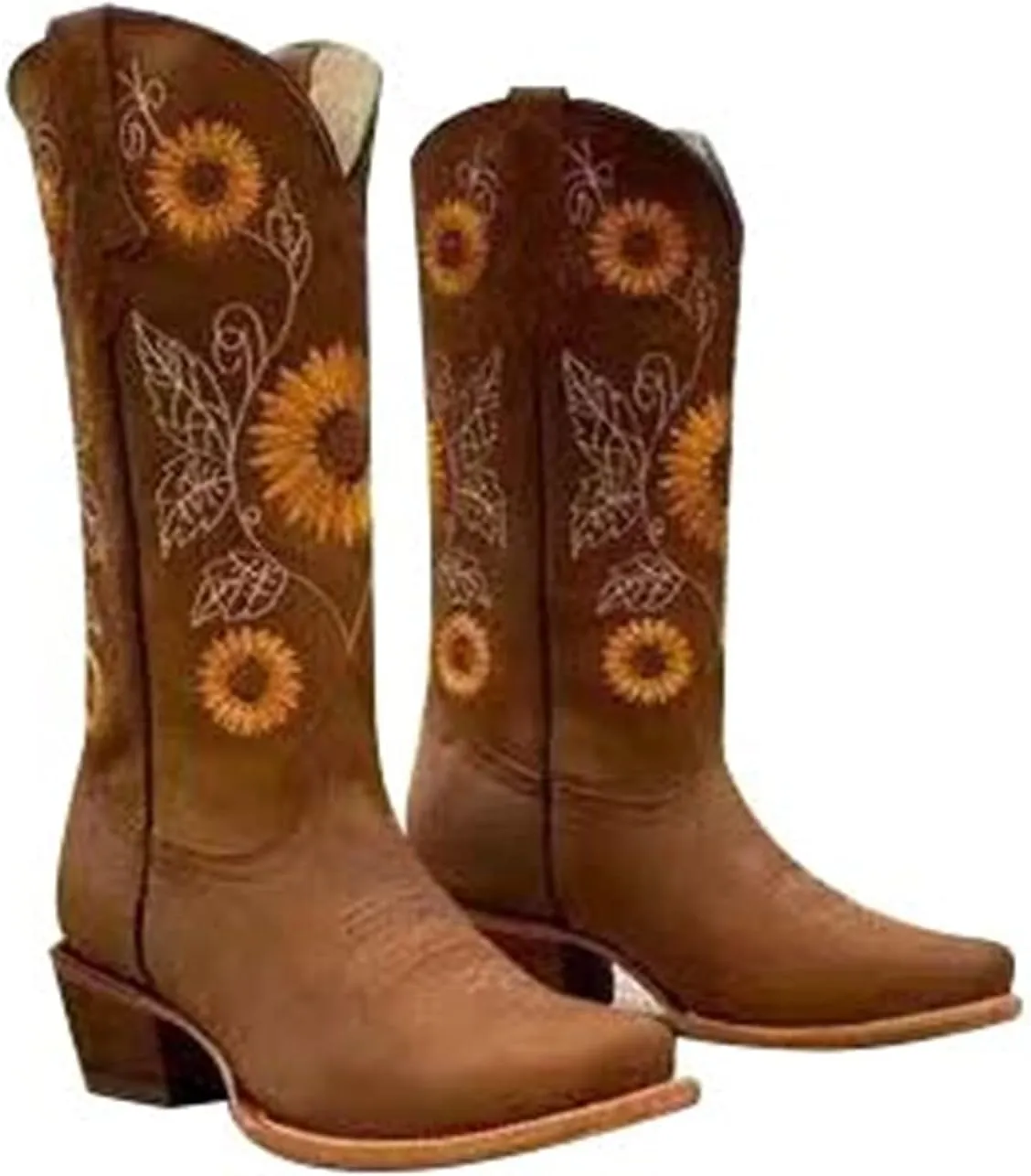 Cowboy Boots for Women Sunflower Embroidery Stitched Square Toe Low Heel Boot Mid-Calf Cowgirl Western Boots Ladies Pointy Toe Fashion Boots Khaki Brown Coffee US 5-10.5