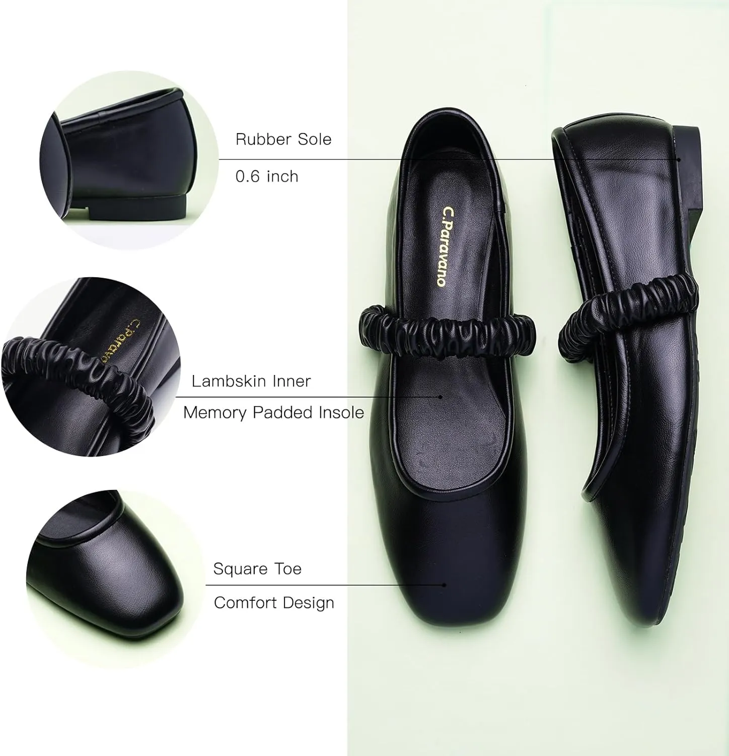 C.Paravano Mary Jane Flats for Women | Square Toe Ballet Flats with Pearl Strap | Comfortable Dress Shoes for Work, Wedding, Party & Daily Wear