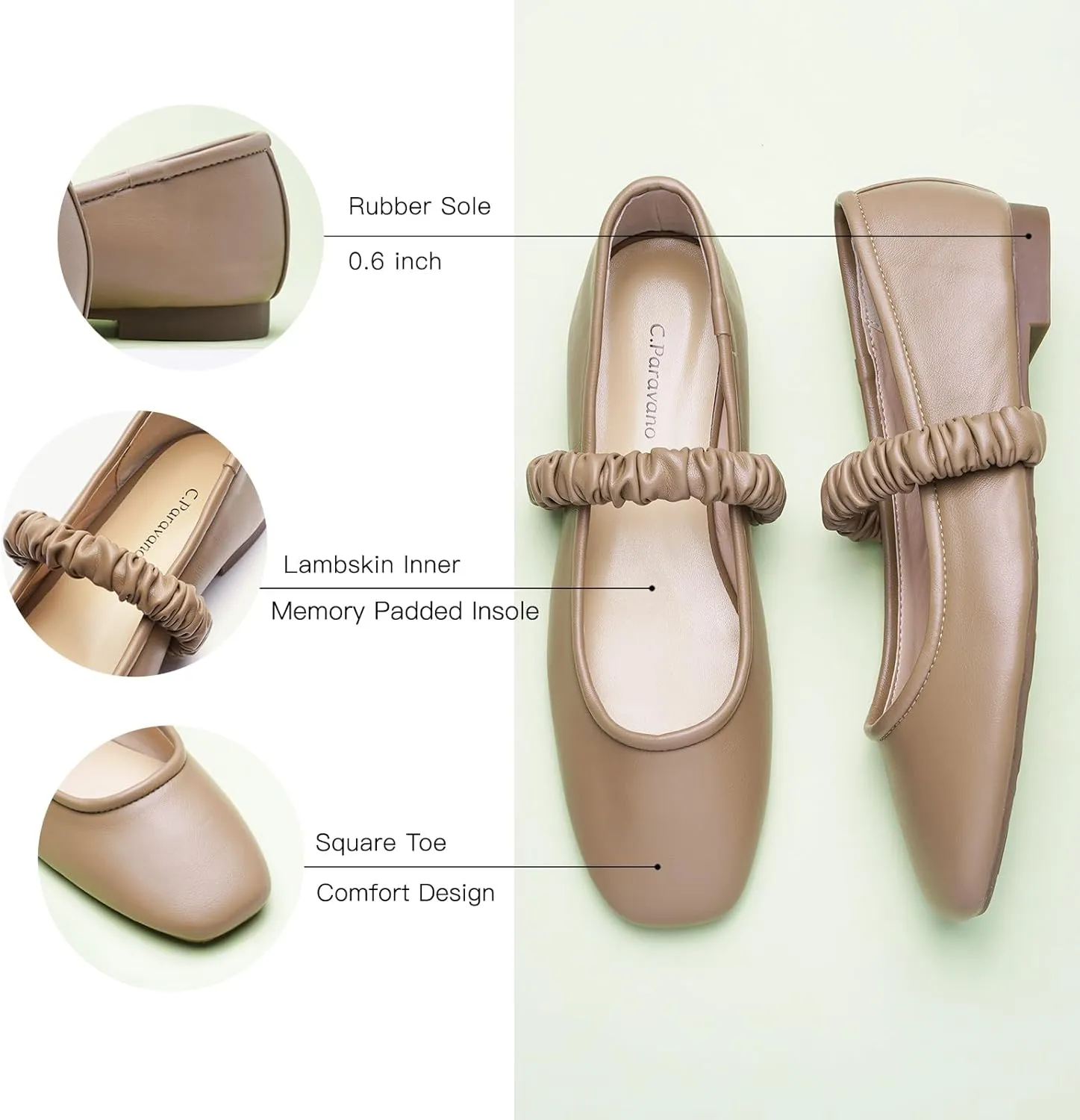 C.Paravano Mary Jane Flats for Women | Square Toe Ballet Flats with Pearl Strap | Comfortable Dress Shoes for Work, Wedding, Party & Daily Wear