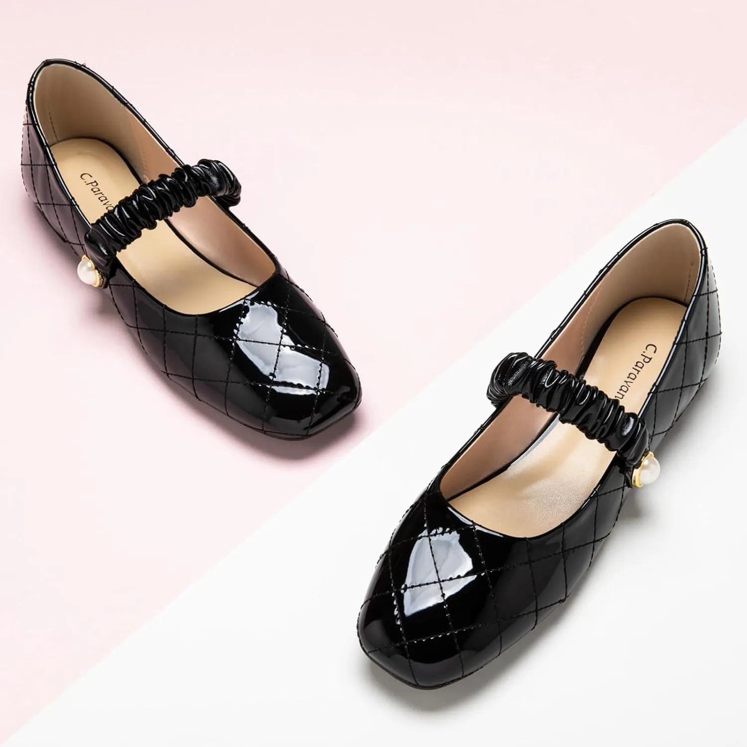 C.Paravano Mary Jane Flats for Women | Square Toe Ballet Flats with Pearl Strap | Comfortable Dress Shoes for Work, Wedding, Party & Daily Wear