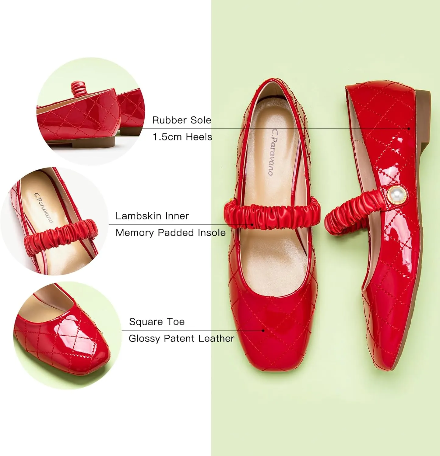 C.Paravano Mary Jane Flats for Women | Square Toe Ballet Flats with Pearl Strap | Comfortable Dress Shoes for Work, Wedding, Party & Daily Wear