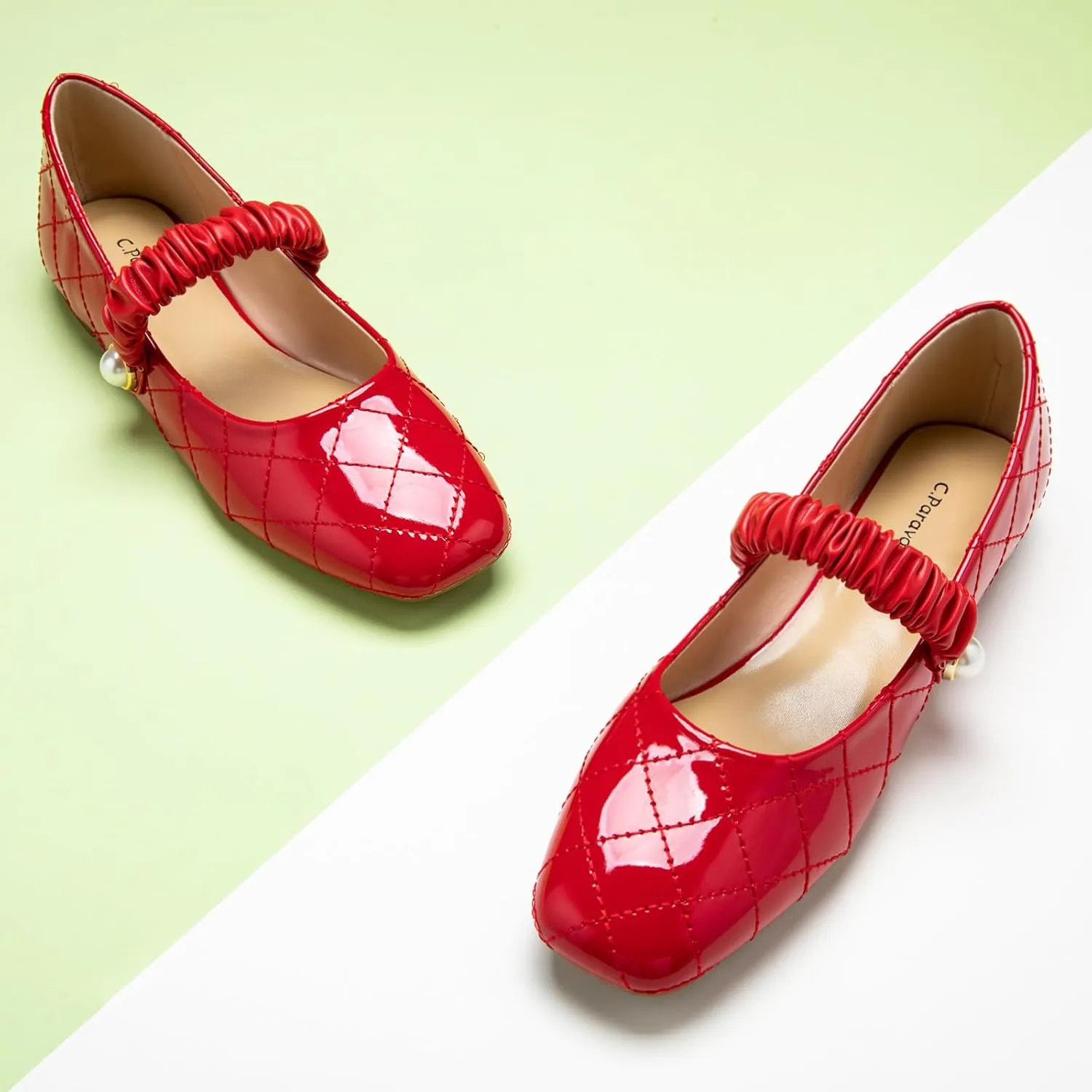 C.Paravano Mary Jane Flats for Women | Square Toe Ballet Flats with Pearl Strap | Comfortable Dress Shoes for Work, Wedding, Party & Daily Wear