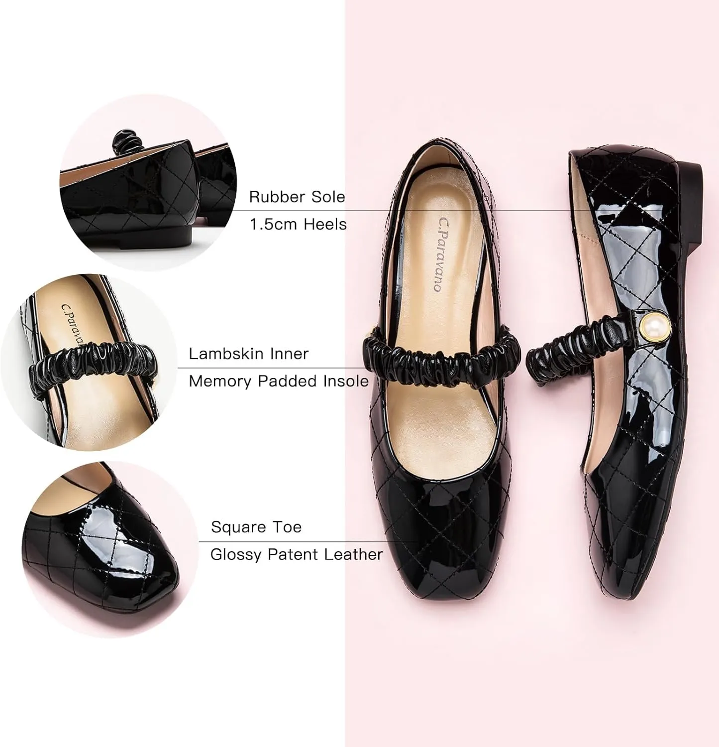 C.Paravano Mary Jane Flats for Women | Square Toe Ballet Flats with Pearl Strap | Comfortable Dress Shoes for Work, Wedding, Party & Daily Wear