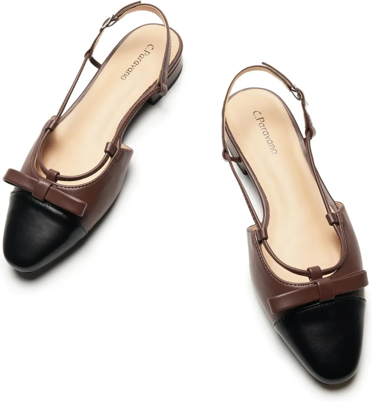 C.Paravano Women's Almond Toe Slingback Flats with Cap, Stylish Comfort Flats for Casual, Dressy, Office Wear