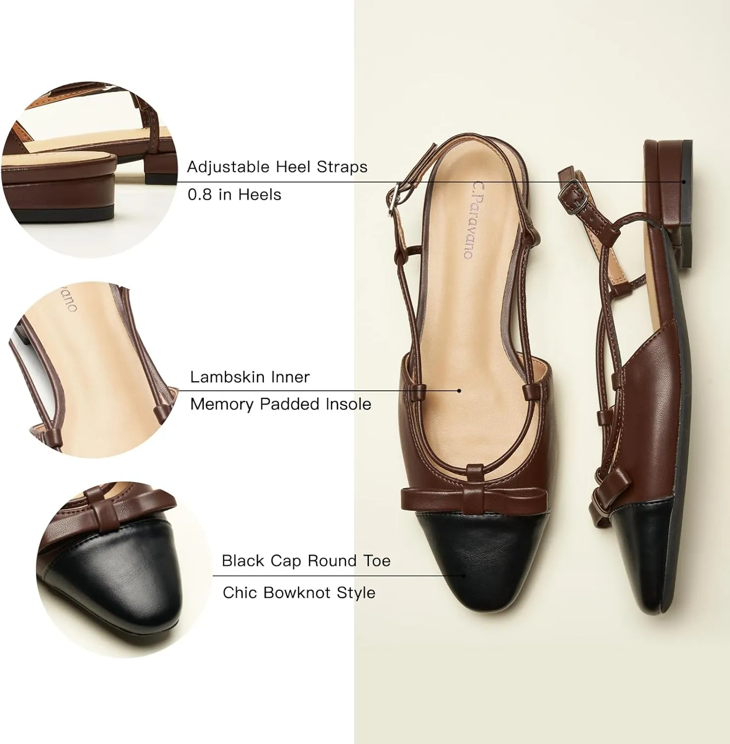 C.Paravano Women's Almond Toe Slingback Flats with Cap, Stylish Comfort Flats for Casual, Dressy, Office Wear