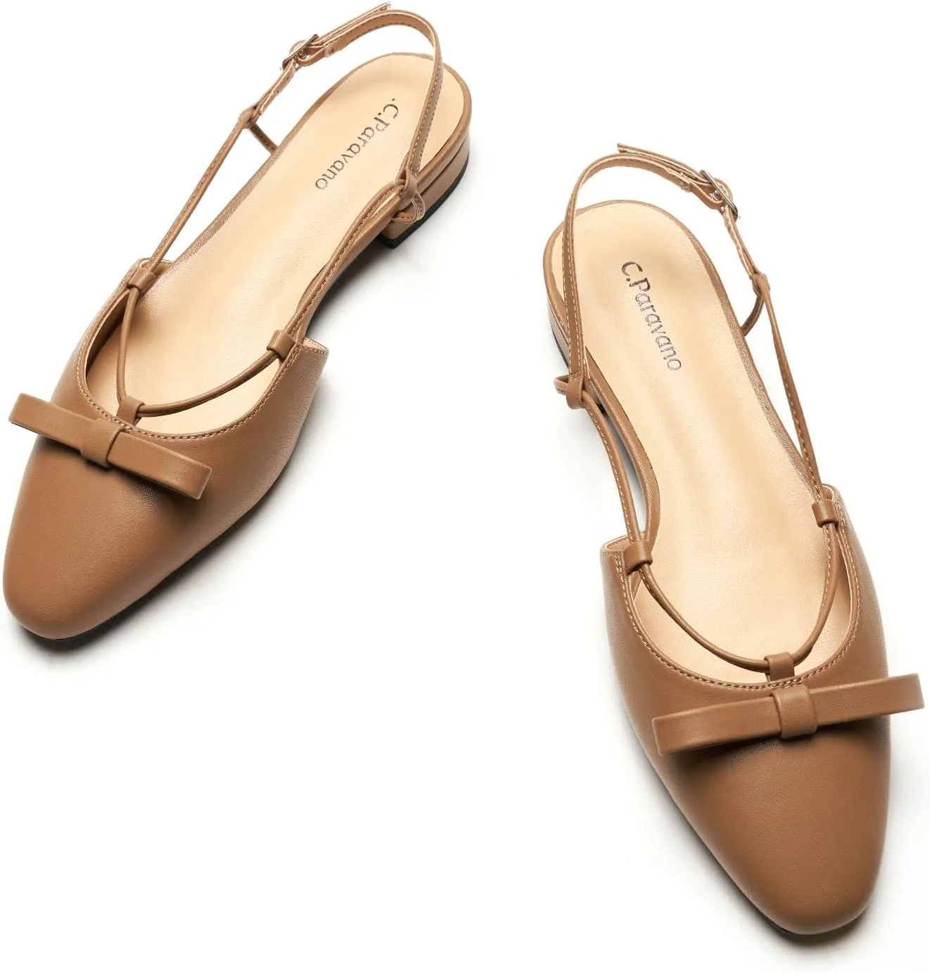 C.Paravano Women's Slingback Flats, Stylish Almond Toe Sandals, Comfortable Flats with Adjustable Strap, Dressy, Office Wear, Daily Use