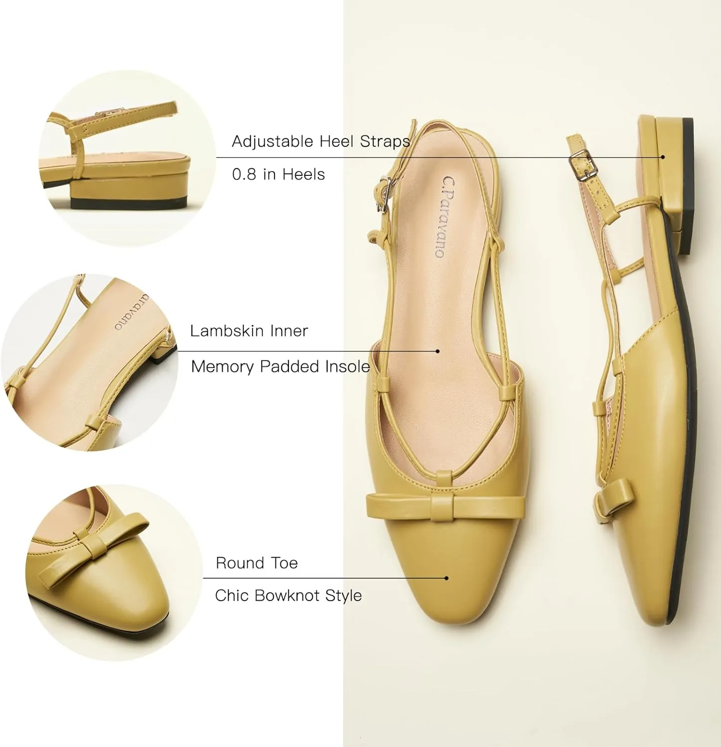 C.Paravano Women's Slingback Flats, Stylish Almond Toe Sandals, Comfortable Flats with Adjustable Strap, Dressy, Office Wear, Daily Use