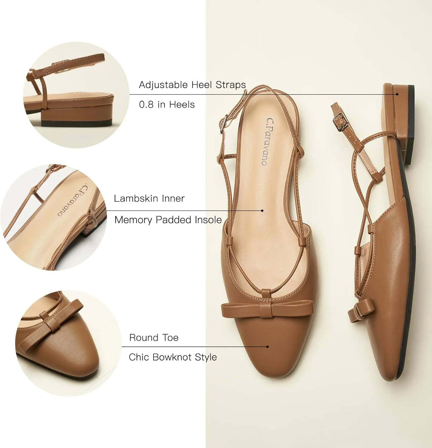 C.Paravano Women's Slingback Flats, Stylish Almond Toe Sandals, Comfortable Flats with Adjustable Strap, Dressy, Office Wear, Daily Use
