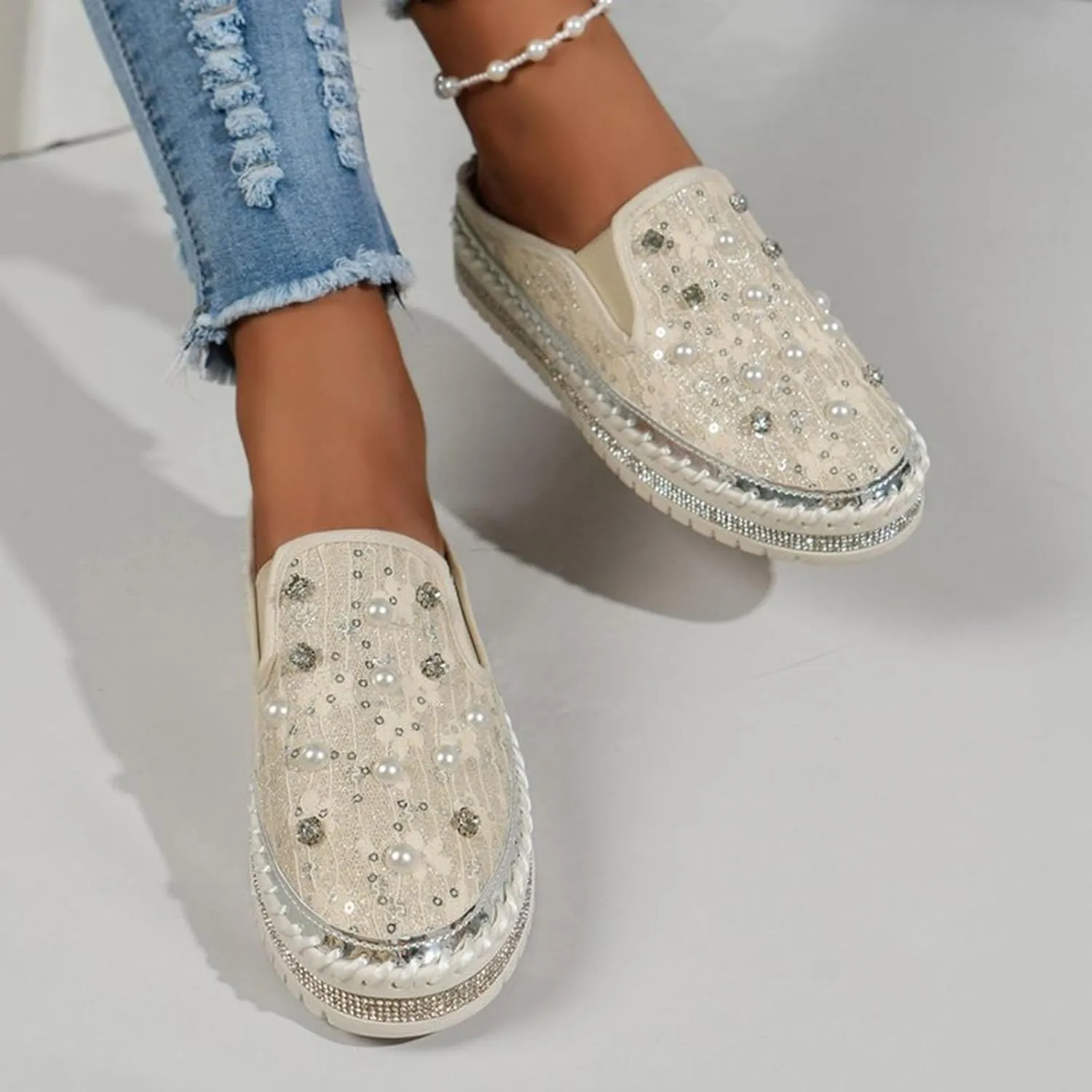 Crzidha Fashion Pearl Slip Ons for Women,Casual Round Toe Wide Width Slingback Slip On Loafers for Ladies Dressy Autumn Wedding Party Stylish Rhinestones Platform Flat Sneakers