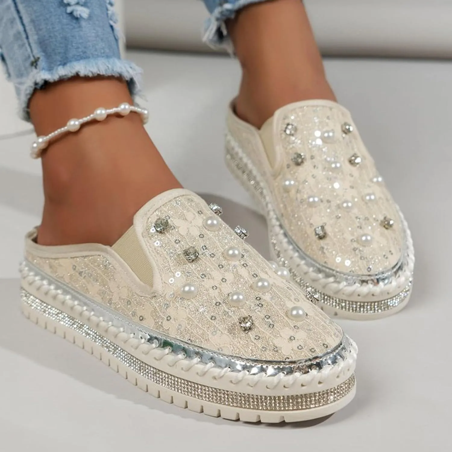 Crzidha Fashion Pearl Slip Ons for Women,Casual Round Toe Wide Width Slingback Slip On Loafers for Ladies Dressy Autumn Wedding Party Stylish Rhinestones Platform Flat Sneakers
