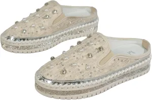 Crzidha Fashion Pearl Slip Ons for Women,Casual Round Toe Wide Width Slingback Slip On Loafers for Ladies Dressy Autumn Wedding Party Stylish Rhinestones Platform Flat Sneakers